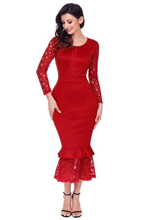 Red Hollow Out Ruffle Long Sleeve Bodycon Lace Midi Dress Red Lace