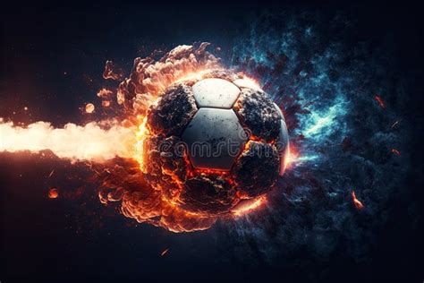 Fast Flying Burning Soccer Ball On Fire With Sparks On A Black