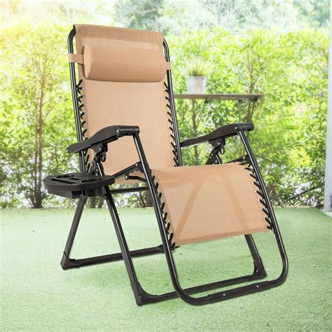 Gymax Folding Zero Gravity Lounge Chair Recliner W Cup Holder Tray Pillow Beige
