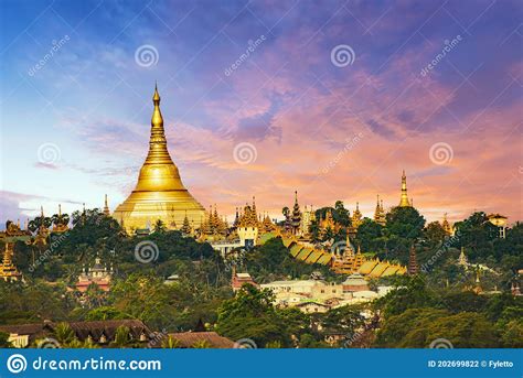 Beautiful Sunrise Over Shwedagon Pagoda In Yangon In Myanmar Stock