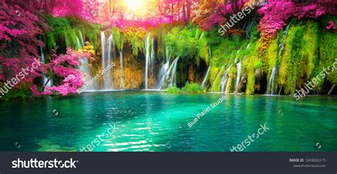 Exotic Waterfall Lake Panorama Landscape Plitvice Stock Photo