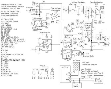 The complete solar charge controller circuit can be found in the image below. 20 AMP SOLAR CHARGE CONTROLLER FEATURES, OPERATION SCHEMATIC CIRCUIT DIAGRAM