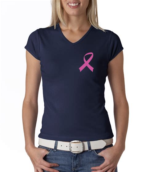 breast cancer ladies t shirt v neck pink ribbon pocket print navy breast cancer awareness