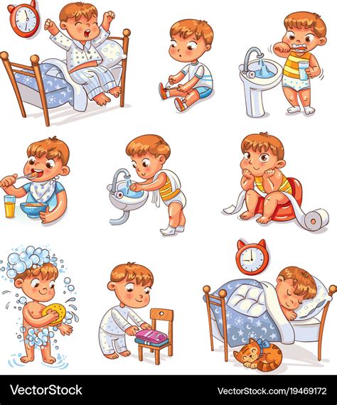 Cartoon Kid Daily Routine Activities Set Vector Image