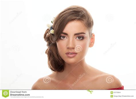 Young Adorable Brunette Woman With Cute Makeup Low Bun Hairstyle And