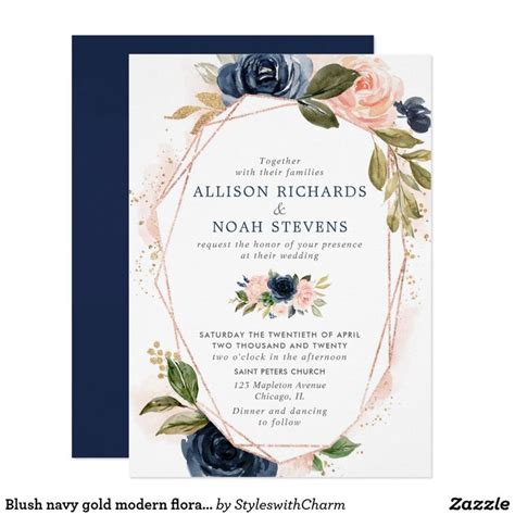 Blush Navy Gold Modern Floral Watercolors Wedding Invitation Zazzle