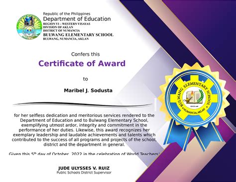 Certificate Of Award Principal For Her Selfless Dedication And