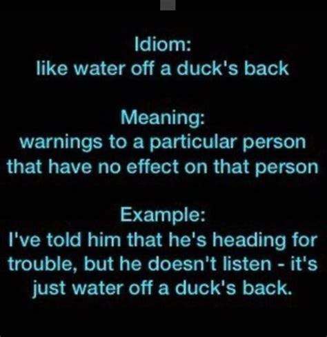 My motto is water off a duck's back. Like water off a duck's back. | English idioms, Vocabulary sentences, Idioms