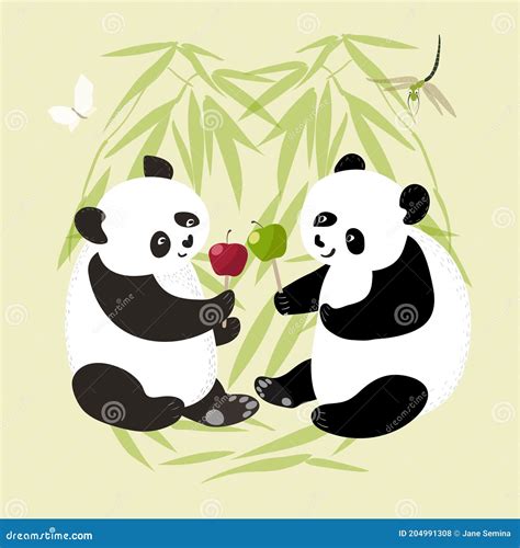 Vector Illustration With Two Cute Pandas Enamored Pandas Hug Under The