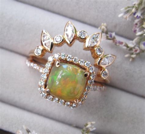 Fiery Yellow Opal Bridal Ring Set Rose Gold Opal Engagement 2 Etsy