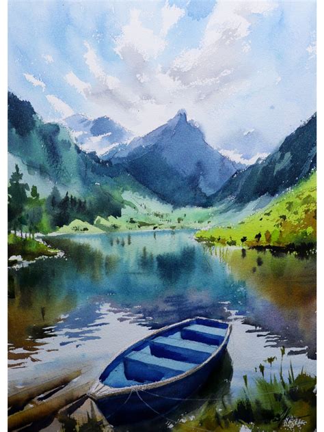 Boat On The Lake Landscape View Watercolor Painting By Achintya