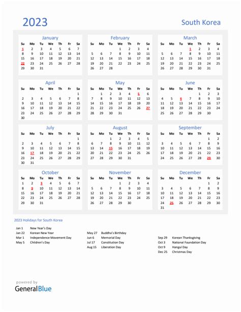 2023 South Korea Calendar With Holidays