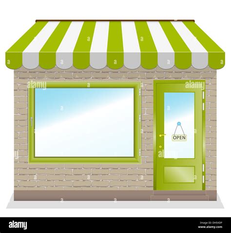 Cute Shop Icon With Green Awnings Brick Wall Illustration Stock Photo