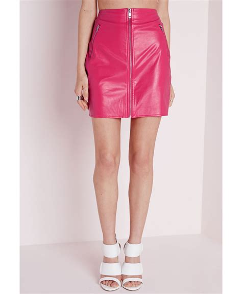 Lyst Missguided Zip Front Faux Leather Mini Skirt Pink In Pink