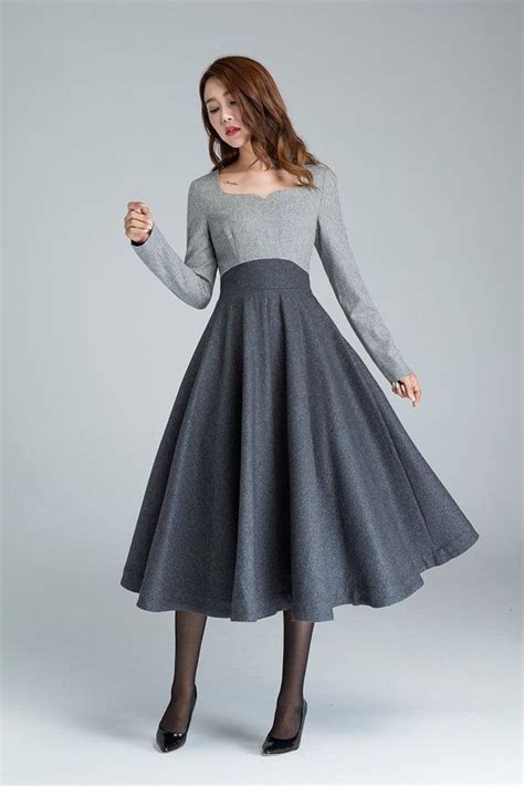 1950s Grey Fit And Flare Wool Dress Womens Dresses Winter Etsy