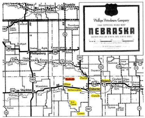 Redruth 1942 Nebraska State Highway Map Osborne County Kansas Hall Of