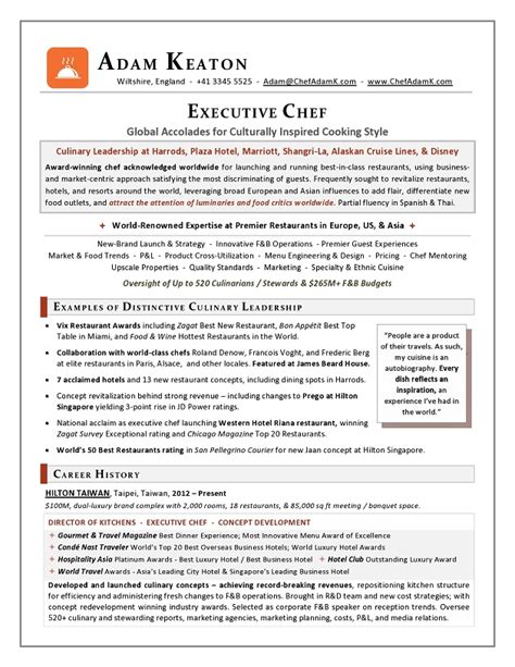 Award Nominated Executive Chef Sample Resume Executive