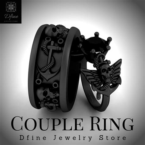 his and her skull couple rings onyx black anchor wings skull ring band skull wedding ring