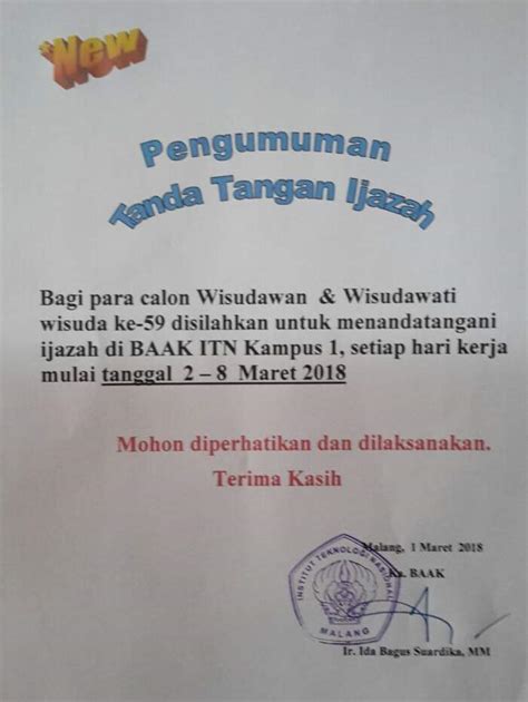 A diploma pendidikan lepasan ijazah can be abbreviated as dpli. Jadwal Tanda Tangan Ijazah Periode Maret 2018 | ITN Malang ...
