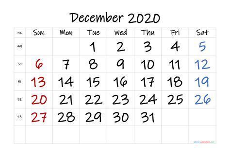Printable December 2020 Calendar 6 Templates