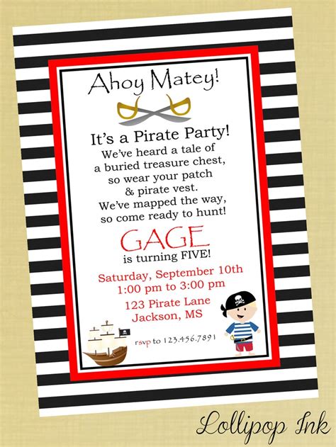 Pirate Printable Invitation Personalized Pirate Party Birthday Invi
