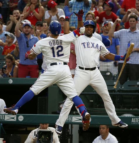 Texas Rangers Second Baseman Rougned Odor 12 Is Congratulated By