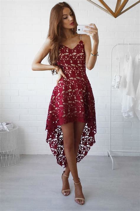 Hualong Strap V Neck Sleeveless Red Lace Dress Online Store For Women