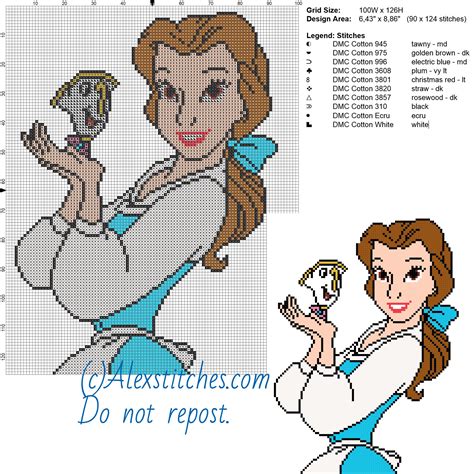 Belle And Chip Free Cross Stitch Pattern Disney 100x126 10 Colors