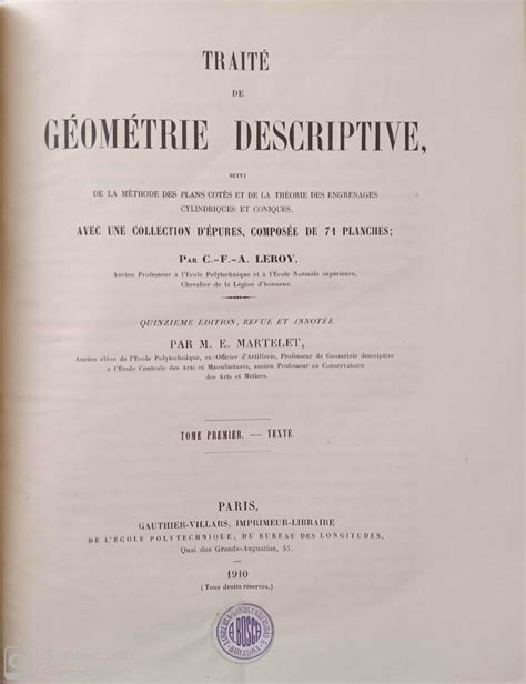 Traité De Géométrie Descriptive 2 Tomes I Texte Ii 71 Planches By