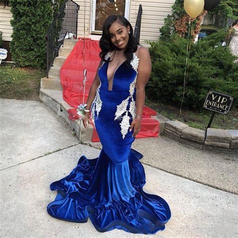 royal blue mermaid prom dresses long v neck velour applique africa evening gown sweep train