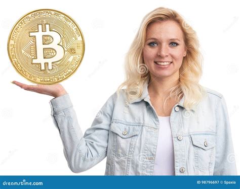 Beautiful Blonde Girl Showing Golden Bitcoin Coin Stock Image Image