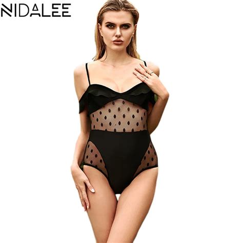 Nidalee Sexy One Piece Swimsuit 2017 Ruffle Polka Dot Lace Swimwear Women Off Shoulder Mesh