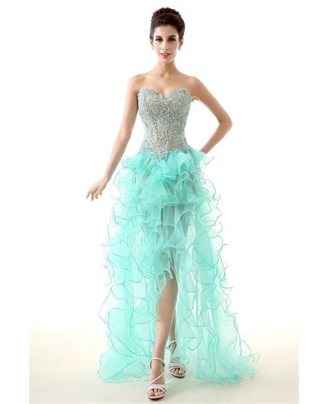Unique High Low Ruffled Teal Prom Dress Sexy With Lace Bodice H76098