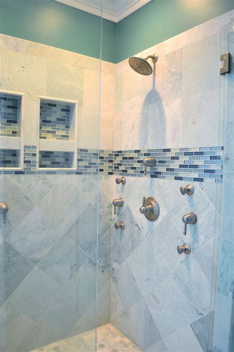 What other colors does turquoise blend well with? Beautiful walk-in shower with gray ceramic tile with aqua ...