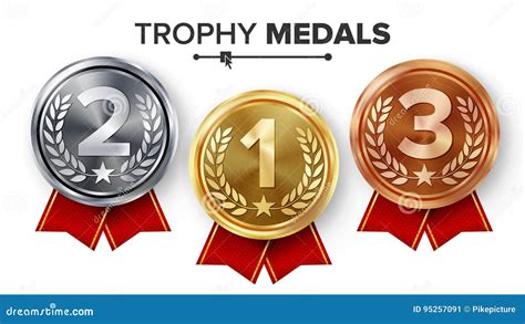 Gold Silver Bronze Medals Set Vector Metal Realistic Badge With