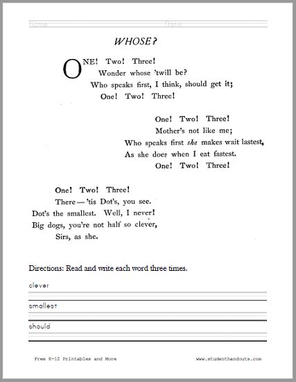 Whose Poem Worksheet For Kids Student Handouts