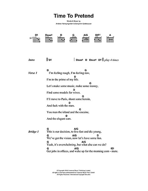 Time To Pretend Sheet Music By Mgmt Lyrics And Chords 49160