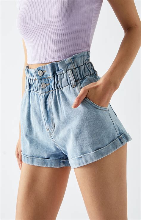 Pacsun Abbie Blue Paperbag Denim Mom Shorts Pacsun