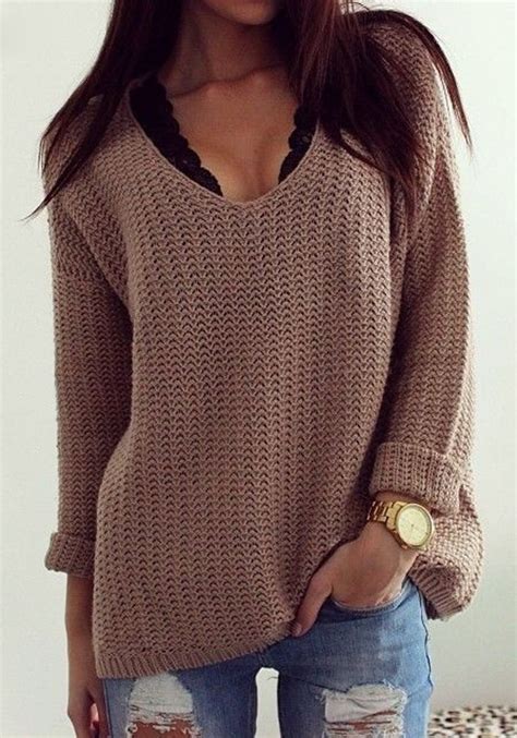 Coffee Plain Hollow Out V Neck Long Sleeve Loose Vintage Casual