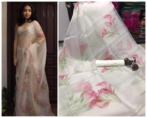 Organza Silk Saree Floral Printed Sari Light Wait Saree Summer Etsy