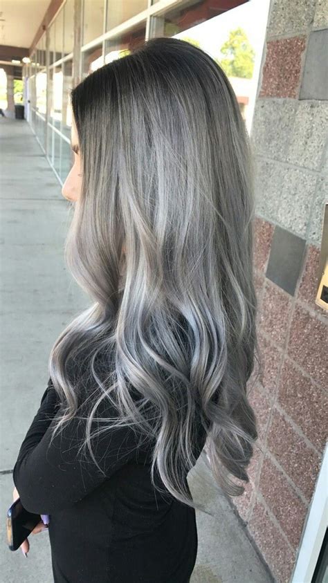 Silver Smudge Root Long Hair Grey Hair Metallic Silver Icy