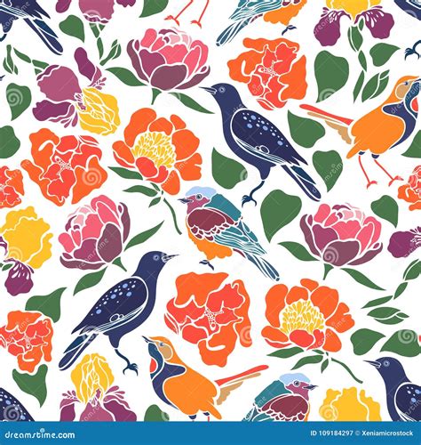 Seamless Pattern With Birds And Flowers Stock Vector Illustration Of