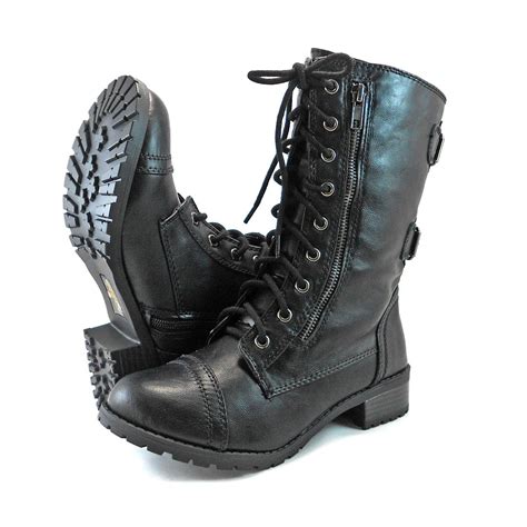 Women Military Combat Mid Calf Motorcycle Lace Up Boots Zipper Soda