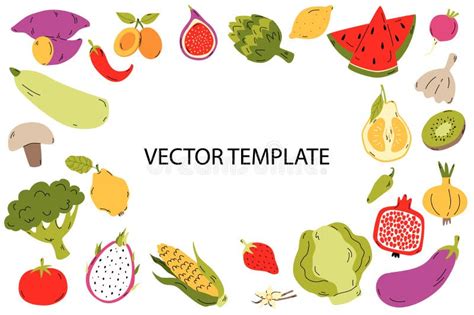 Organic Foods Frame Template Hand Drawn Fruits And Vegetables For Menu