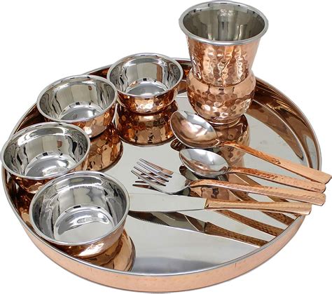 Indian Dinnerware Set Copper Stainless Steel Dinner Plate Bowls Tumblers Flatware Cutlery Set