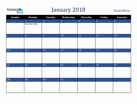 January 2018 Calendar With South Africa Holidays