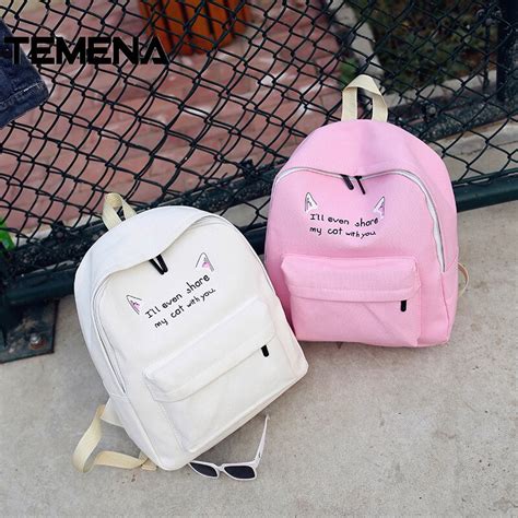 Temena New Cute Backpack Cat Ear Letter Shcool Backpack For Teenager