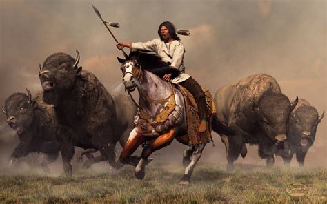 Bison Et Indiens Running With Buffalo Native American Art Hd