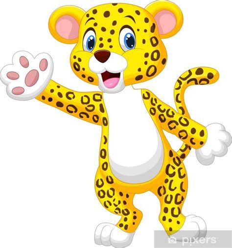 Sticker Cute Cartoon Leopard Waving Hand Pixersus