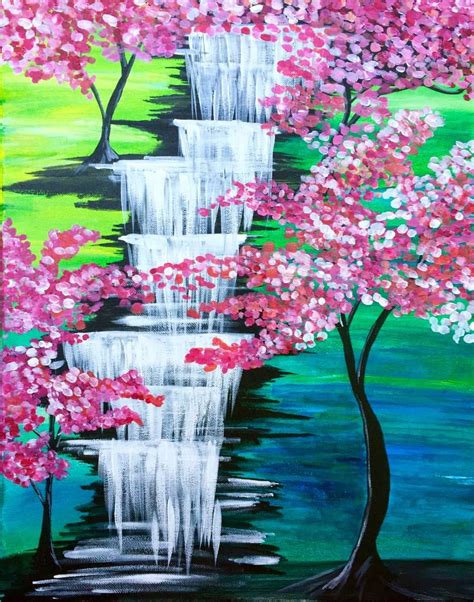 Cherry Blossom Waterfall Easy Canvas Painting Night Painting Easy
